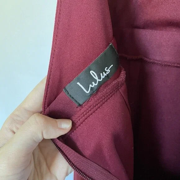 Lulus burgundy maxi formal dress lace halter top neckline open back detail